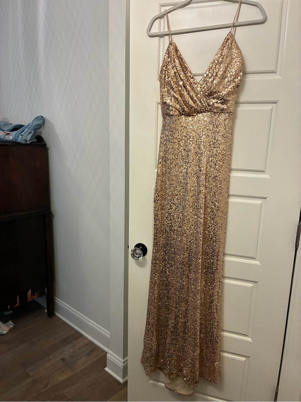 Badgley Mischka Gold Sequin Spaghetti-Strap Maxi Gown - Picture 3 of 5